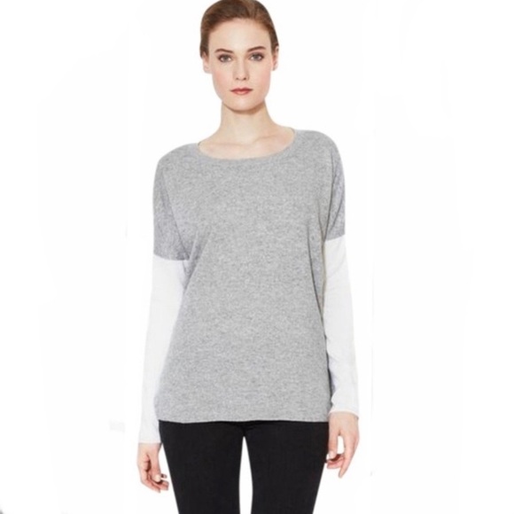 Vince Color Block Wool Cashmere Bateau Sweater Small Oversized Boxy Grey Cream - Picture 4 of 14